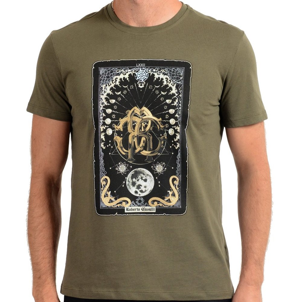 Roberto Cavalli Men's Olive Green Graphic T-Shirt